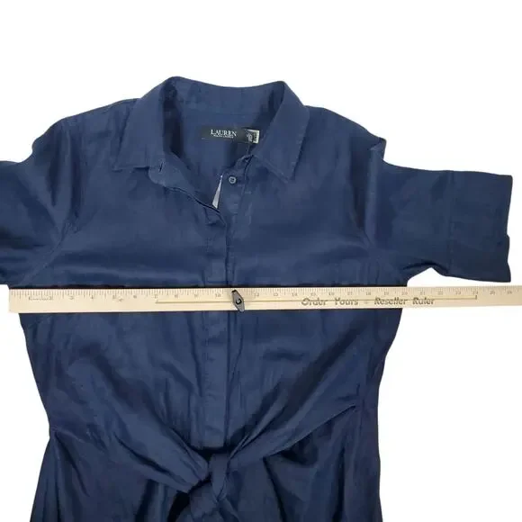 NEW Lauren Ralph Lauren Tie Front Linen Shirtdress Sz 10 Navy Blue Short Sleeve - Picture 12 of 13